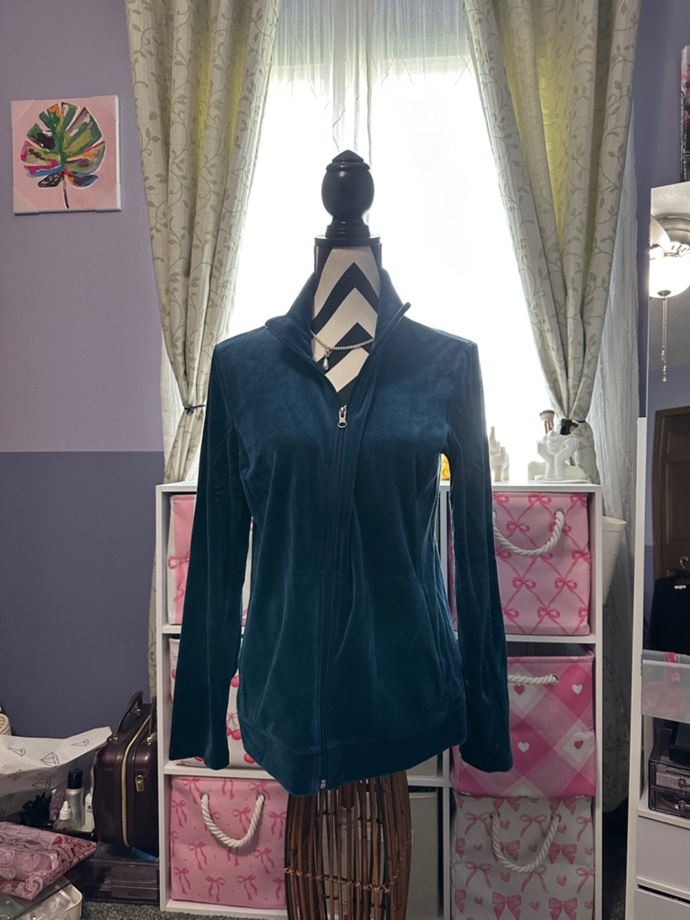 Talbots Teal Velvet Zip-Front Bomber Jacket